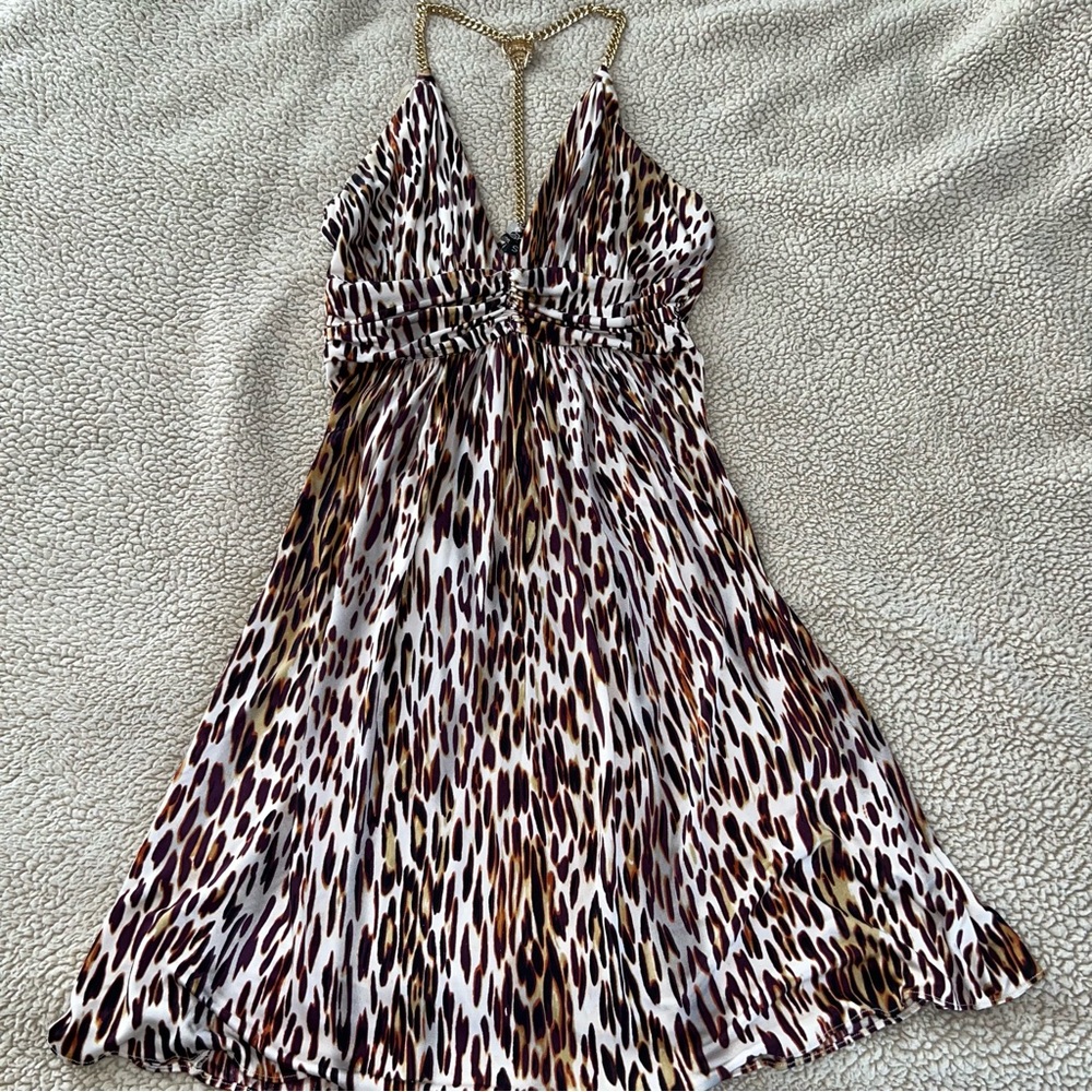 Sky Leopard Print with Gold Metal Mini Dress Y2K Size Small